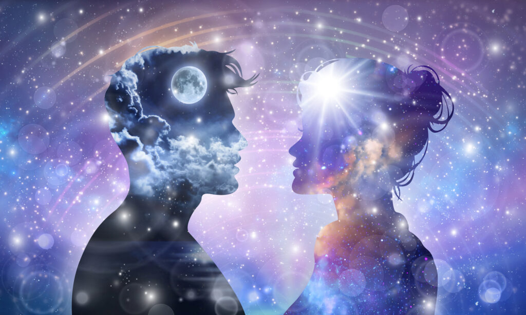 Silhouettes with cosmic and celestial elements.