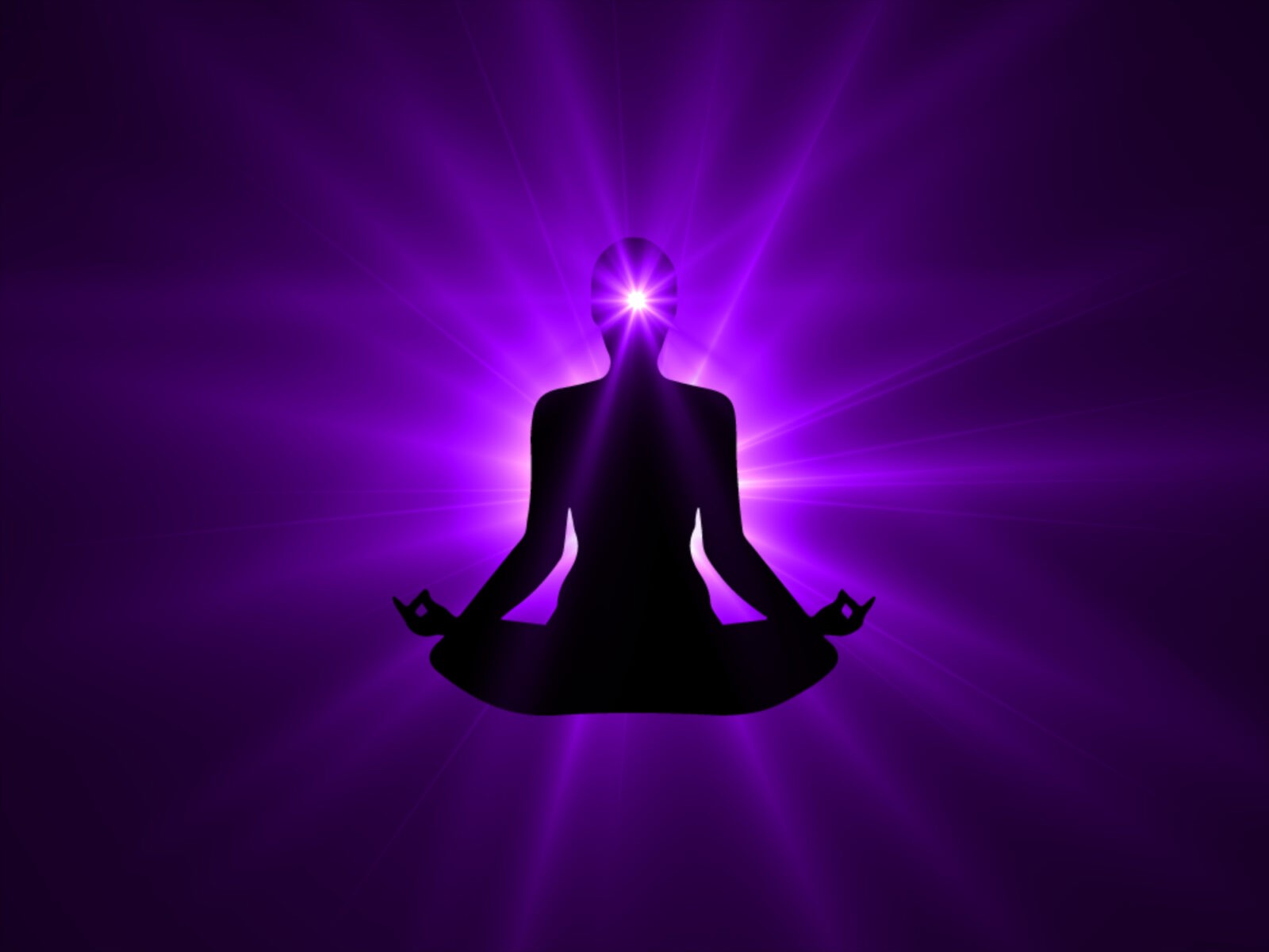 Silhouette meditating with a glowing purple chakra above the head.