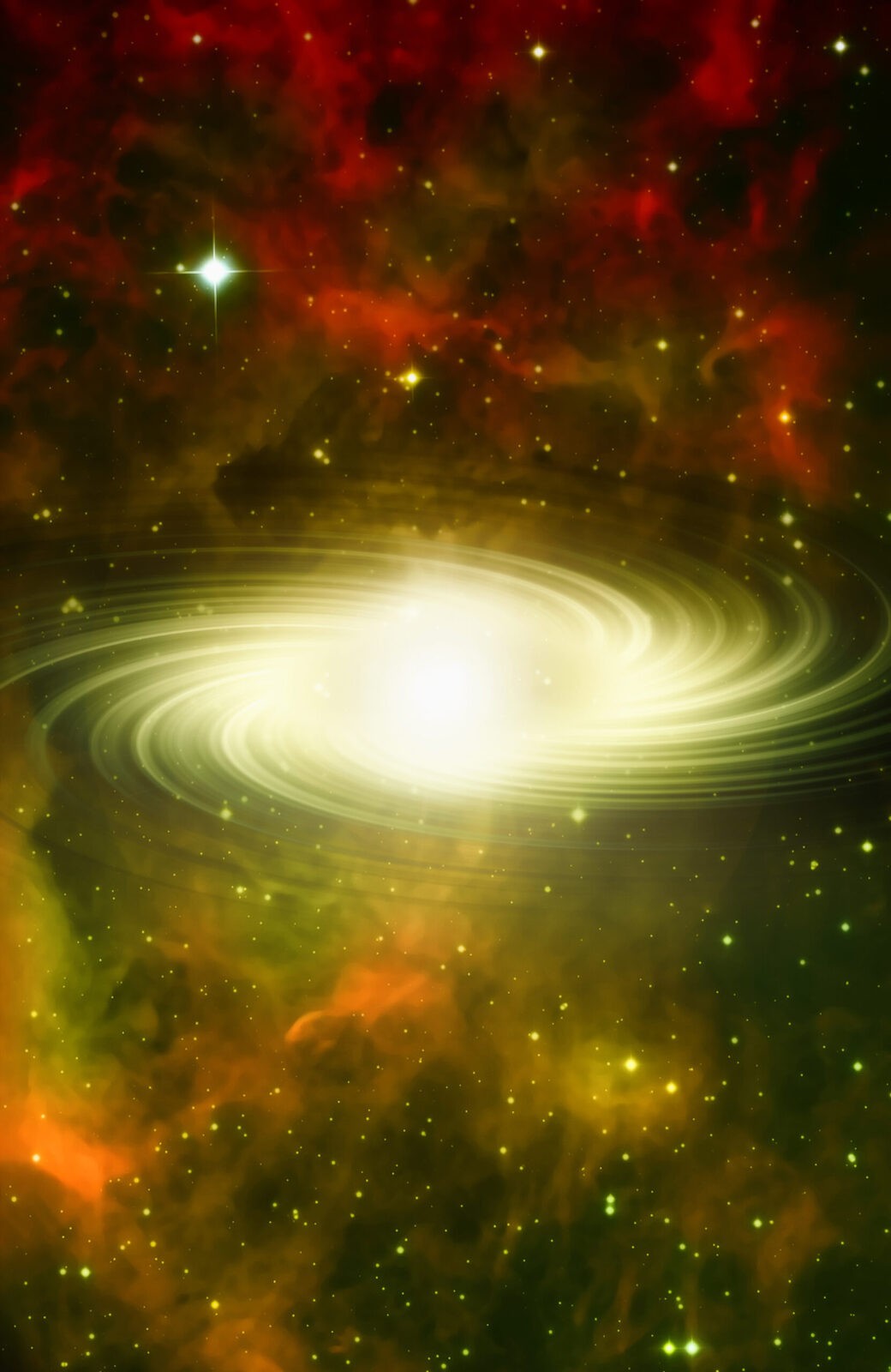 A bright, glowing cosmic phenomenon with swirling light in space.